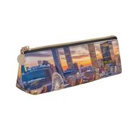 kkvhhyuo Atlanta City Sunset Landscape Printed Small Pencil Pouch PU Leather Pen Bag Triangle Pencil Case Slim Zippered Portable Stationery Organizer for Students Artists Travel