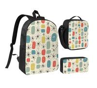 kkvhhyuo Atomic Stars Retro Pattern Print School Backpack Set with 17 Inch Kids Backpack Lunch Bag & Pencil Case Bundle for Teens Girls Boys, Lightweight Bookbag Travel Rucksack