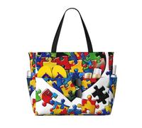 kkvhhyuo Autism Awareness Puzzle Pieces Heart Print Large Beach Bag, Foldable Beach Tote Bag with Zipper and Pocket Reusable Shopping Bag for women, Tote Bags for Traveling, Shopping, Pool