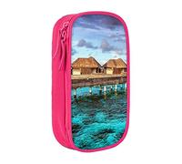 kkvhhyuo Beach House Picture Pencil Case, Double Layer Pen Bags | Large Capacity Pencil Box, Oxford Fabric Stationery Organizer Bag for School Office Travel Kids, Pink