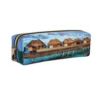 kkvhhyuo Beach House Picture Pencil Case PU Leather Gold Zipper | Large Capacity Pen Pouch Stationery Organizer Bag For School Office Travel Makeup