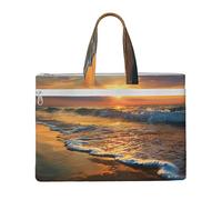 kkvhhyuo Beach Wave Sunset Print Document Bag, Lightweight Canvas Bag Handbag with Dual Zip Canvas Tote File Bag for Work Commuting Study and Everyday Carry
