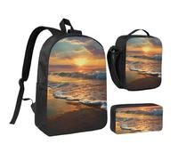 kkvhhyuo Beach Wave Sunset Print School Backpack Set with 17 Inch Kids Backpack Lunch Bag & Pencil Case Bundle for Teens Girls Boys, Lightweight Bookbag Travel Rucksack