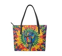 kkvhhyuo Bear Dancing Tie Dye Print Leather Tote Bag Reusable Large Handbags Shoulder Bag with Zipper and Pockets Shopping Bag for Work, School, Travel
