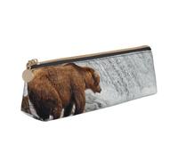 kkvhhyuo Bears Fishing in River Printed Small Pencil Pouch PU Leather Pen Bag Triangle Pencil Case Slim Zippered Portable Stationery Organizer for Students Artists Travel