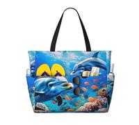 kkvhhyuo Beautiful Underwater World Dolphins Coral Print Large Beach Bag, Foldable Beach Tote Bag with Zipper and Pocket Reusable Shopping Bag for women, Tote Bags for Traveling, Shopping, Pool