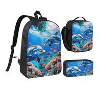 kkvhhyuo Beautiful Underwater World Dolphins Coral Print School Backpack Set with 17 Inch Kids Backpack Lunch Bag & Pencil Case Bundle for Teens Girls Boys, Lightweight Bookbag Travel Rucksack