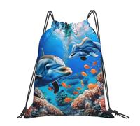 kkvhhyuo Beautiful Underwater World Dolphins Coral Printed Drawstring Backpack Large Foldable Draw String Bag with Adjustable Straps for Sports Travel Swimming School
