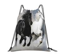 kkvhhyuo Black and White Horses Running Printed Drawstring Backpack Large Foldable Draw String Bag with Adjustable Straps for Sports Travel Swimming School