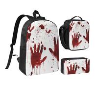 kkvhhyuo Bloody Handprints Print School Backpack Set with 17 Inch Kids Backpack Lunch Bag & Pencil Case Bundle for Teens Girls Boys, Lightweight Bookbag Travel Rucksack