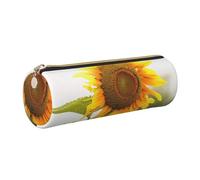 kkvhhyuo Bloom Sunflower Print Leather Pencil Case Portable Round Pencil Pouch with Gold Zip Multifunctional Pencil Holder Pouch Stationery Pen Bag for Teen Girls and Boys