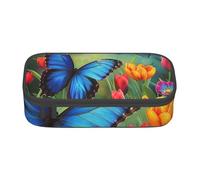 kkvhhyuo Blue Butterfly and Flowers Print Large Capacity Pencil Case, Stationery Pencils Case Bag with Compartments, Portable Pencil Pouch Pencil Bag with Zipper for Students Teachers Office