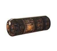 kkvhhyuo Book Room Mysterious Library Print Leather Pencil Case, Cylinder Pencil Pouch with Gold, Zipper Cute Pen Case for Boys Girls Teen College Students School