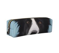 kkvhhyuo Border Collie Print Leather Pencil Case Portable Stationery Bag Pencil Pouch Slim Design Pen Bag with Gold Zipper Pocket Size for or Student Office College Middle School