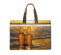 kkvhhyuo Bottles Beer Beach Sunset Time Print Document Bag, Lightweight Canvas Bag Handbag with Dual Zip Canvas Tote File Bag for Work Commuting Study and Everyday Carry