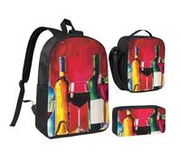 kkvhhyuo Cocktail Glasses and Wine Bottles Print School Backpack Set with 17 Inch Kids Backpack Lunch Bag & Pencil Case Bundle for Teens Girls Boys, Lightweight Bookbag Travel Rucksack
