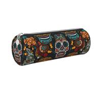 kkvhhyuo Colorful Sugar Skulls Print Leather Pencil Case Portable Round Pencil Pouch with Silver Zip Multifunctional Pencil Holder Pouch Stationery Pen Bag for Teen Girls and Boys