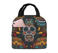 kkvhhyuo Colorful Sugar Skulls Print Picnic Bag, Insulated Lunch Bag with Front Pocket, Cool Bag Lunch Box for Work School Picnics and Day Trips