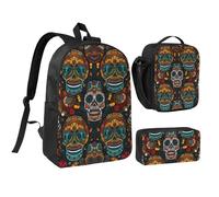 kkvhhyuo Colorful Sugar Skulls Print School Backpack Set with 17 Inch Kids Backpack Lunch Bag & Pencil Case Bundle for Teens Girls Boys, Lightweight Bookbag Travel Rucksack