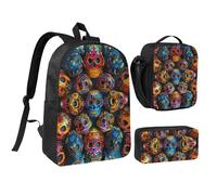 kkvhhyuo Colorful Sugar Skulls Print School Backpack Set with 17 Inch Kids Backpack Lunch Bag & Pencil Case Bundle for Teens Girls Boys, Lightweight Bookbag Travel Rucksack