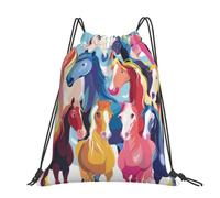 kkvhhyuo Colourful Cartoon Horses Printed Drawstring Backpack Large Foldable Draw String Bag with Adjustable Straps for Sports Travel Swimming School