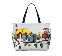 kkvhhyuo Cute Christmas Owls on Branch Print Large Beach Bag, Foldable Beach Tote Bag with Zipper and Pocket Reusable Shopping Bag for women, Tote Bags for Traveling, Shopping, Pool