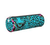 kkvhhyuo Cute Turquoise Leopard Print Leather Pencil Case Portable Round Pencil Pouch with Silver Zip Multifunctional Pencil Holder Pouch Stationery Pen Bag for Teen Girls and Boys