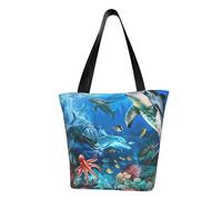 kkvhhyuo Dolphins Sea Turtle Coral Reef Print Tote Bag, Large Shoulder Bag Handbag with Zipper Cross Body Bag Women for Work Shopping Gym and Everyday Carry