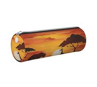 kkvhhyuo Elephant and Giraffe in The Sunset Print Leather Pencil Case Portable Round Pencil Pouch with Silver Zip Multifunctional Pencil Holder Pouch Stationery Pen Bag for Teen Girls and Boys