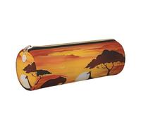kkvhhyuo Elephant and Giraffe in The Sunset Print Leather Pencil Case Portable Round Pencil Pouch with Gold Zip Multifunctional Pencil Holder Pouch Stationery Pen Bag for Teen Girls and Boys