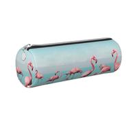 kkvhhyuo Flock of Flamingos on The Beach Print Leather Pencil Case, Cylinder Pencil Pouch with Silver, Zipper Cute Pen Case for Boys Girls Teen College Students School