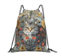kkvhhyuo Funny Cats and Flowers Printed Drawstring Backpack Large Foldable Draw String Bag with Adjustable Straps for Sports Travel Swimming School