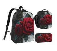 kkvhhyuo Gothic Rose Art Print School Backpack Set with 17 Inch Kids Backpack Lunch Bag & Pencil Case Bundle for Teens Girls Boys, Lightweight Bookbag Travel Rucksack