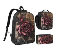 kkvhhyuo Gothic Rose Print School Backpack Set with 17 Inch Kids Backpack Lunch Bag & Pencil Case Bundle for Teens Girls Boys, Lightweight Bookbag Travel Rucksack