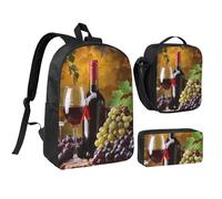 kkvhhyuo Grapes Wine Bottles and Drink Print School Backpack Set with 17 Inch Kids Backpack Lunch Bag & Pencil Case Bundle for Teens Girls Boys, Lightweight Bookbag Travel Rucksack