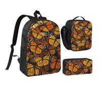 kkvhhyuo Heaps of Orange Monarch Butterflies Print School Backpack Set with 17 Inch Kids Backpack Lunch Bag & Pencil Case Bundle for Teens Girls Boys, Lightweight Bookbag Travel Rucksack