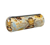 kkvhhyuo Honey Bee Print Leather Pencil Case Portable Round Pencil Pouch with Silver Zip Multifunctional Pencil Holder Pouch Stationery Pen Bag for Teen Girls and Boys