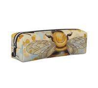 kkvhhyuo Honey Bee Print Leather Pencil Case Portable Stationery Bag Pencil Pouch Slim Design Pen Bag with Silver Zipper Pocket Size for or Student Office College Middle School