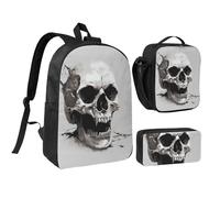 kkvhhyuo Horror Skull Print School Backpack Set with 17 Inch Kids Backpack Lunch Bag & Pencil Case Bundle for Teens Girls Boys, Lightweight Bookbag Travel Rucksack