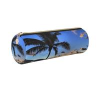 kkvhhyuo Leather Pencil PU Leather Cosmetic Makeup Bag, Sunrise Seaside Palm Tree Printed Pen Bags with Gold Zipper Storage Box for School College Office Travel