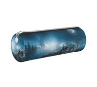 kkvhhyuo Leather Pencil PU Leather Cosmetic Makeup Bag, Wolf in the Moonlight Printed Pen Bags with Silver Zipper Storage Box for School College Office Travel