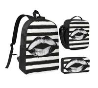 kkvhhyuo Lips Printed in Black and White Stripes Print School Backpack Set with 17 Inch Kids Backpack Lunch Bag & Pencil Case Bundle for Teens Girls Boys, Lightweight Bookbag Travel Rucksack