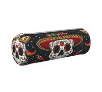 kkvhhyuo Mexican Skull Print Leather Pencil Case, Cylinder Pencil Pouch with Silver, Zipper Cute Pen Case for Boys Girls Teen College Students School