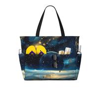 kkvhhyuo moon stars and planets Print Large Beach Bag, Foldable Beach Tote Bag with Zipper and Pocket Reusable Shopping Bag for women, Tote Bags for Traveling, Shopping, Pool
