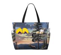 kkvhhyuo Moose Mountain Pine Tree Wilderness Print Large Beach Bag, Foldable Beach Tote Bag with Zipper and Pocket Reusable Shopping Bag for women, Tote Bags for Traveling, Shopping, Pool