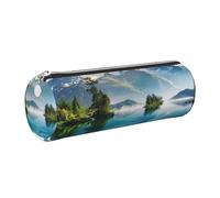 kkvhhyuo Mountain Lake View Sunny Day Nature Print Leather Pencil Case, Cylinder Pencil Pouch with Silver, Zipper Cute Pen Case for Boys Girls Teen College Students School