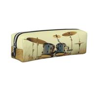 kkvhhyuo Music Drum in Field Print Leather Pencil Case, Pen Pouch Pen Bag with Silver Zipper Cosmetic Makeup Bag for Students Artists Teachers Office