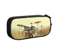 kkvhhyuo Music Drum in Field Printed Black Pencil Case Large Capacity Double Layer Stationery Organizer Pencil Bag Zipper Pouch for Students Office Travel