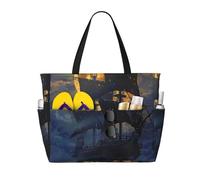 kkvhhyuo Pirate sailboat full moon Print Large Beach Bag, Foldable Beach Tote Bag with Zipper and Pocket Reusable Shopping Bag for women, Tote Bags for Traveling, Shopping, Pool