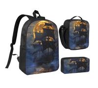 kkvhhyuo Pirate Sailboat Full Moon Print School Backpack Set with 17 Inch Kids Backpack Lunch Bag & Pencil Case Bundle for Teens Girls Boys, Lightweight Bookbag Travel Rucksack